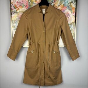 Chico’s Camel Tan Long Jacket Coat Drawstring Waist Zip Pockets Size 1